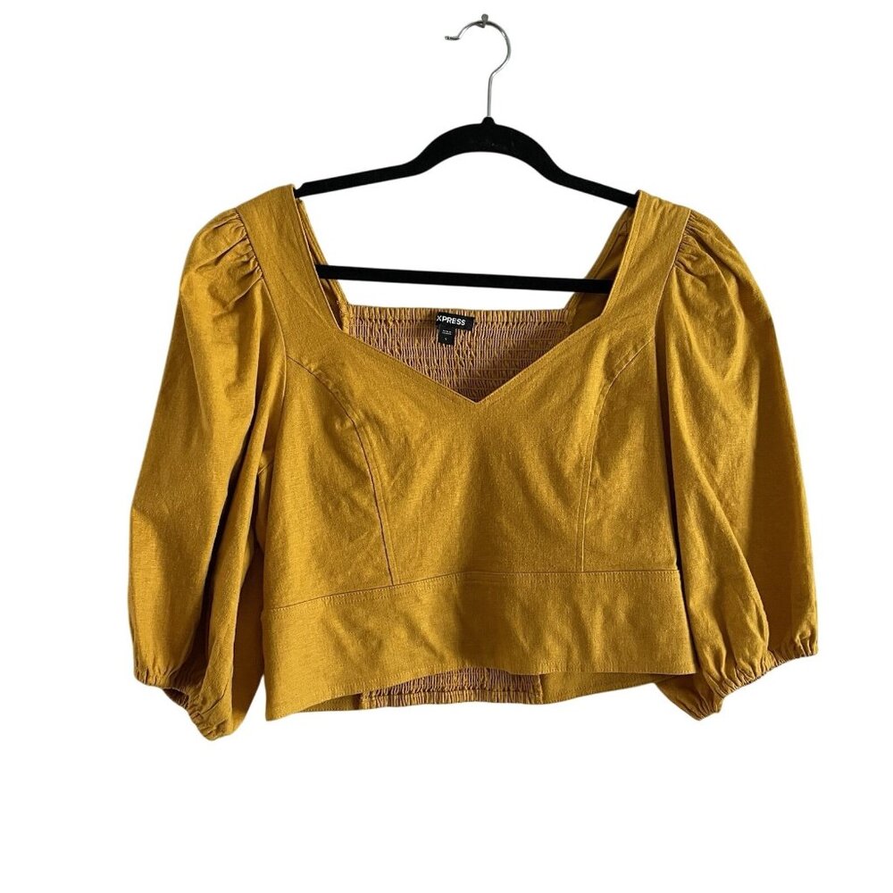 Express Sz L Golden Yellow Linen Blend Puff Sleeve Sweetheart Crop Smock Blouse